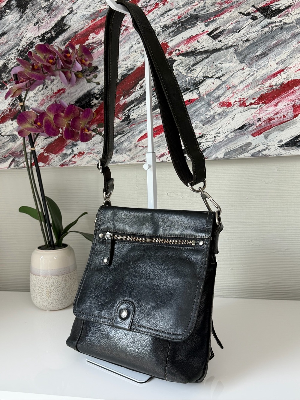 Vintage Fossil Black Leather Organizer Crossbody Messenger Travel Bag Y2K